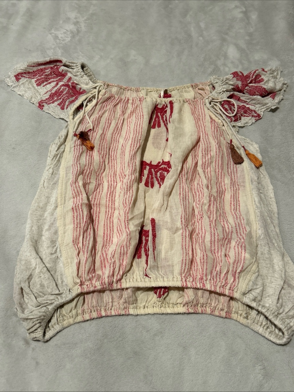 Women's Free People Pukka Top Short flutter Sleeve Tassels Size S Boho Peasant